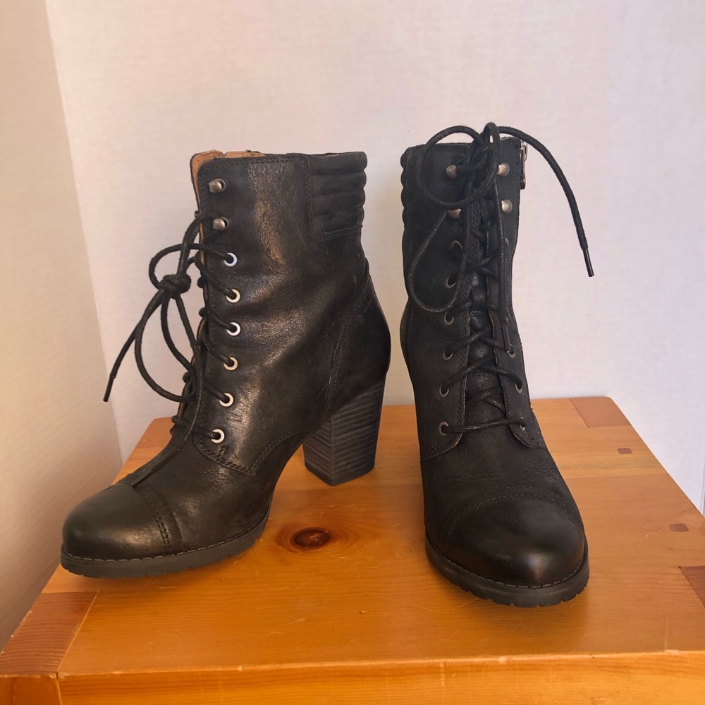 Black Clarks heeled leather combat boots